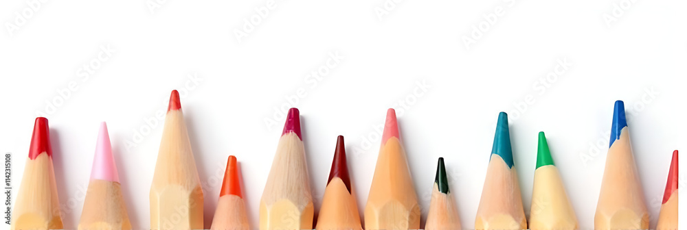 Poster a set of wooden pencils is arranged in a row, featuring various colors against a clear and empty whi