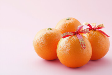 Four mandarin oranges with red and gold ribbons on pink background
