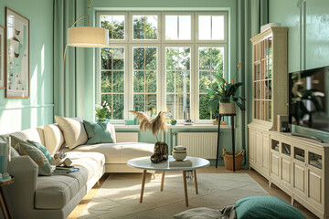 The stylish boho compostion at living room interior with design green sofa, coffee table and elegant personal accessories. Honey pillow and mirrors. Cozy apartment. Home decor