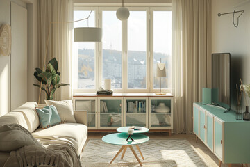 The stylish boho compostion at living room interior with design green sofa, coffee table and elegant personal accessories. Honey pillow and mirrors. Cozy apartment. Home decor