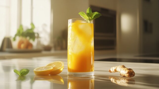Refreshing turmeric iced tea served with lemon and mint on a minimalistic kitchen counter during golden hour - Powered by Adobe