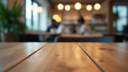 A selective focus photograph of a wooden table top with blurred room details in the background behind glass._00003_