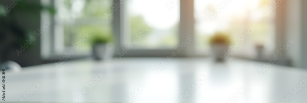 Poster A selective focus is achieved by emphasizing a clear white tabletop against a blurred abstract background with a visible window in the distance._00003_