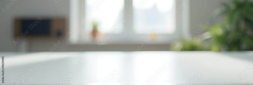 Poster A selective focus is achieved by emphasizing a clear white tabletop against a blurred abstract background with a visible window in the distance._00002_