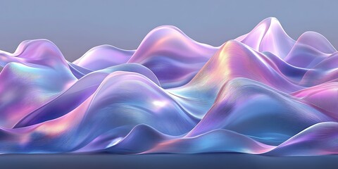 Obraz premium Abstract iridescent landscape of flowing, wavy forms in pastel purple, pink, and blue hues.