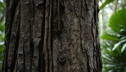 Obraz premium Rough bark texture with faint, blurred jungle canopy behind
