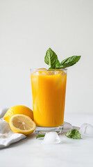 Refreshing turmeric iced tea with lemon and mint served in a tall glass on a minimalist tabletop setting