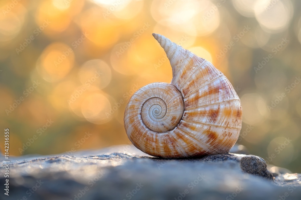 Poster seashell with spiral pattern on a rock at sunset.