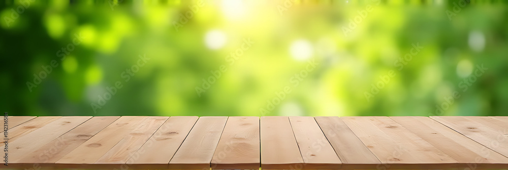 Poster a real wood tabletop texture with a blurred leaf tree garden background is ideal for product display