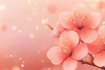 Delicate pink peach blossoms with golden light and soft bokeh