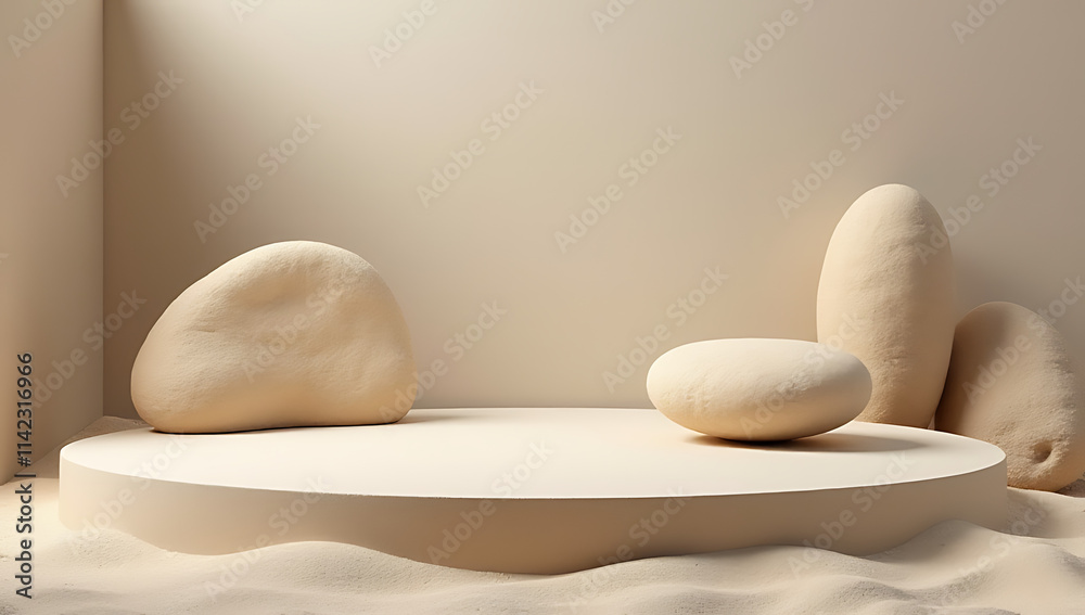 Poster a platform featuring a sandstone product display with a sand beach background and a podium stand for