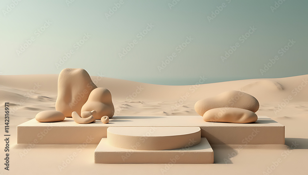 Poster a platform featuring a sandstone product display with a sand beach background and a podium stand for
