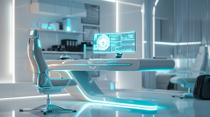 Futuristic digital holographic interface with advanced data visualization and monitoring displayed in a sleek and professional modern office workspace