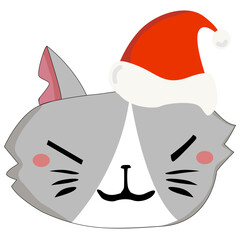 Cute grey cat graphic of a Face with Santa Hat