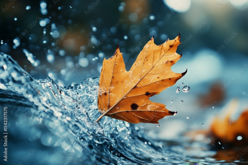 Poster autumn leaf floats on a stream, water splashing around it.