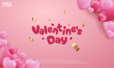 Pink valentines day background with red 3d hearts on the edges. Illustration of a love banner or greeting card