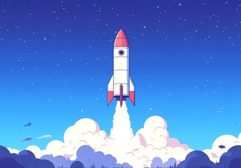 A rocket is flying through the sky with a bright orange tail