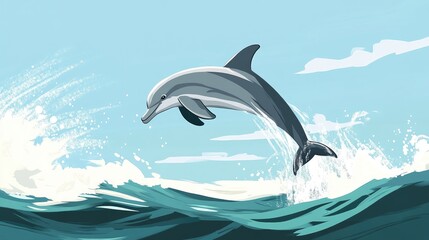 A playful dolphin leaping out of the ocean, its sleek body catching the sunlight