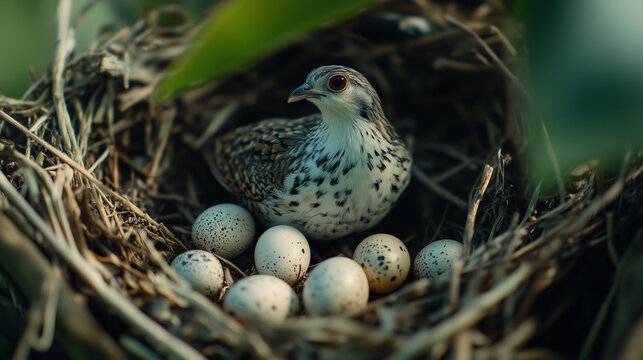 Close up de uma codorna selvagem em seu ninho rodeada de ovos 