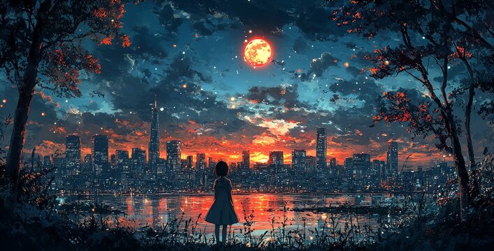 Solitude Beneath the Crimson Moon: A solitary figure stands at the edge of a tranquil lake, gazing out at a breathtaking cityscape. Anime background