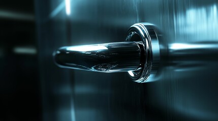 Metallic door handle, dark background, reflective surface.