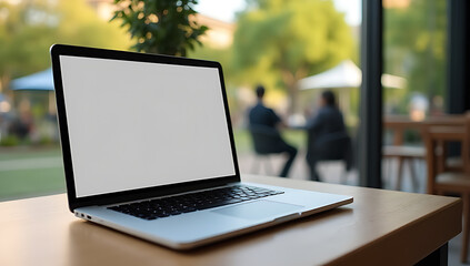 A modern laptop sits on a desk in a busy cafe near a community park with a blank screen._00001_