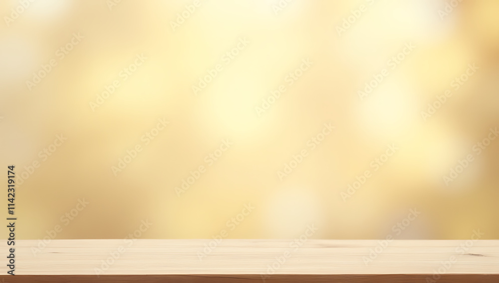 Poster a minimalist wooden table top sits empty on a soft light gold abstract background suitable for produ
