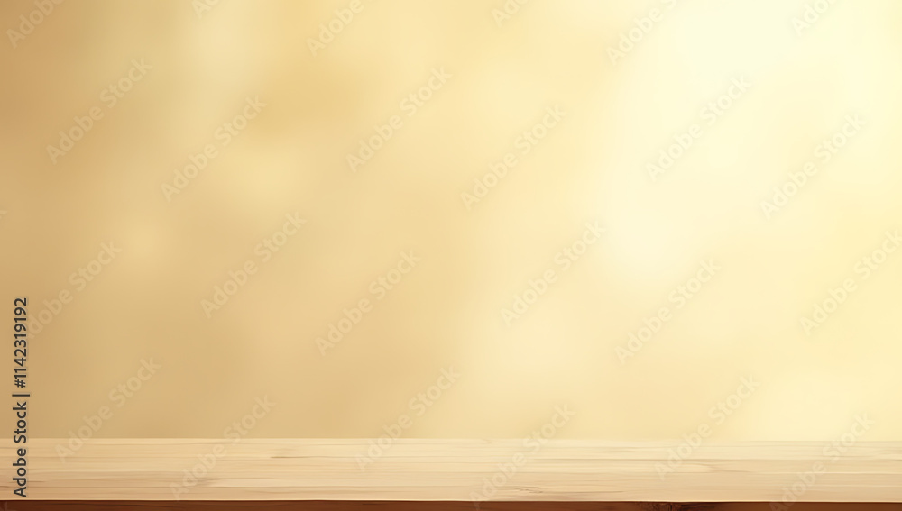 Poster A minimalist wooden table top sits empty on a soft light gold abstract background suitable for product displays or layouts._00002_