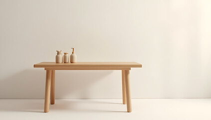 A minimalist wooden table is depicted in a clean, abstracted space, suitable for showcasing products in a simple, creative layout._00001_