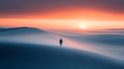 Solitary Figure Walking Across Misty Desert Sands at Sunrise