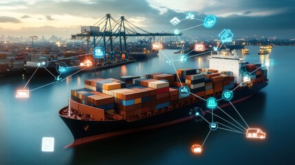 Global trade routes depicted as holographic data streams, futuristic logistics networks.