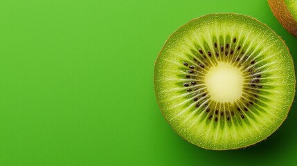 Vibrant Kiwi Fruit Slice on Green Background, Fresh and Juicy