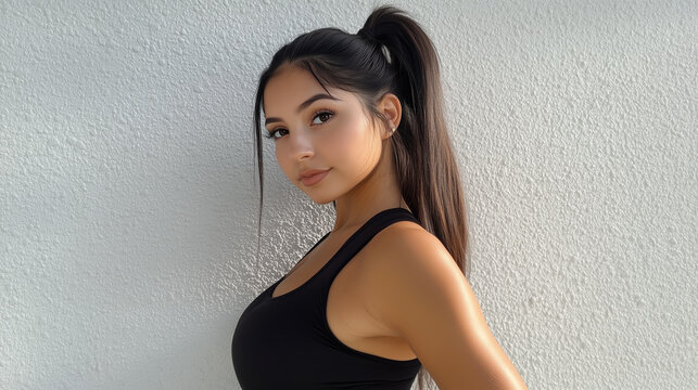 Uma jovem modelo feminina fitness usando roupas de academia preta encostada em uma parede branca