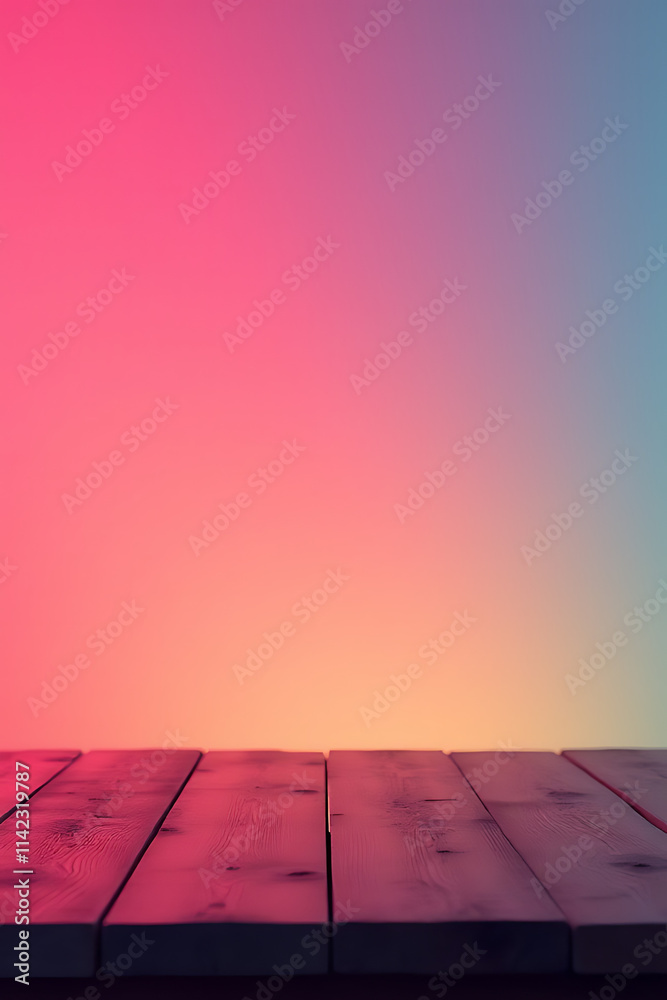 Poster A minimalist approach is showcased with an empty, wood table top against a vibrant, gradient neon colored background slowly emerging._00002_