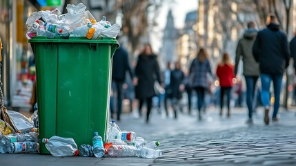 Overflowing Recycling Bin on Busy City Street Highlighting Environmental Awareness.