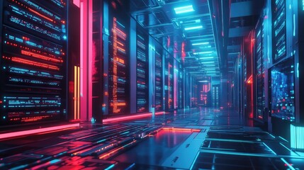 Neon Server Room: A futuristic server room bathed in vibrant neon lights, showcasing advanced technology and data infrastructure.  The image evokes a sense of innovation and power.