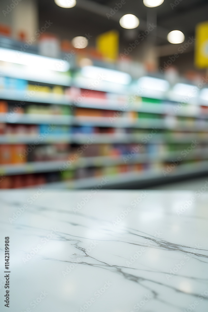 Poster A marble tabletop creates a blurred background with products from a supermarket shelf coming into sharp focus in selective camera framing._00002_