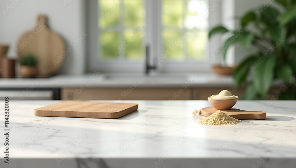 Aufkleber A marble table with a chopping board and blurred glass window in the background is used for product display and design layouts._00002_