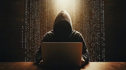A mysterious figure in a hooded sweatshirt works intently on a laptop, illuminated by a glowing background resembling digital rain.