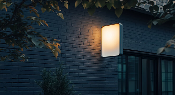 Um letreiro retangular luminoso em uma parede de tijolos pretos em uma fachada de loja ou empresa