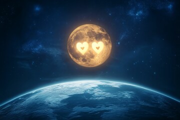Celestial sphere, heart-shaped moon, starry night.