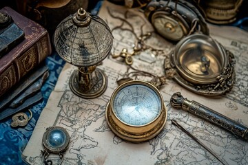 Antique brass compass, barometer, globe, map, and other nautical instruments arranged on a table. © tolem929