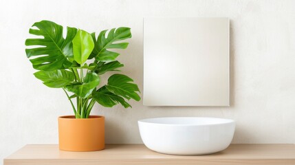 Fototapeta premium Sparkle and hygiene in bathroom concept. Modern interior with a plant and a minimalist bowl on a wooden surface