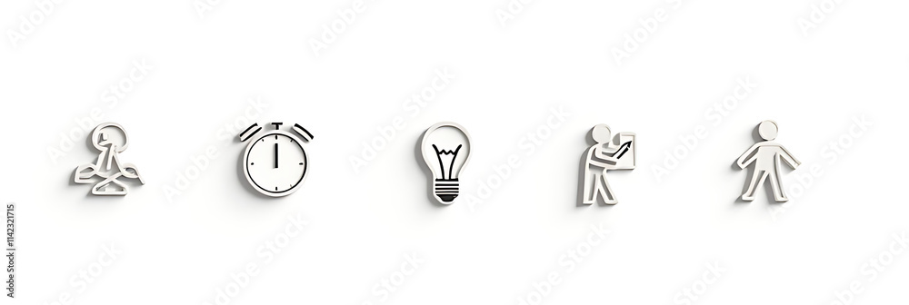 Poster A group of icons representing time management and teamwork concepts on a simple white background featuring a clock and light bulb._00003_
