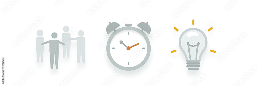 Poster A group of icons representing time management and teamwork concepts on a simple white background featuring a clock and light bulb._00001_