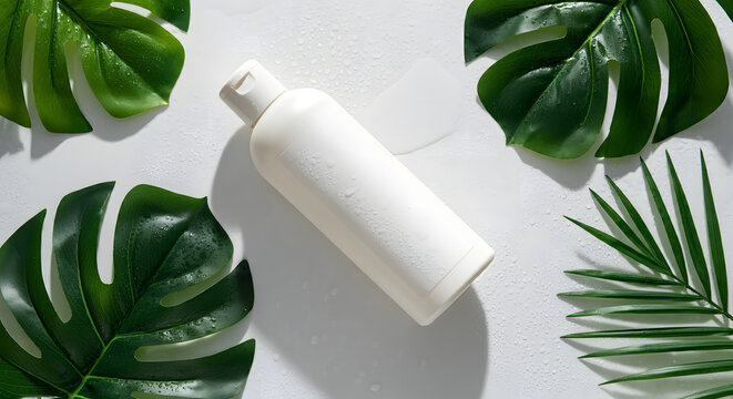 White label hair conditioner bottle with tropical vibes on white background