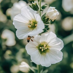 Obraz premium Bees pollinating white flowers in a lush garden nature photography bright and sunny environment close-up view