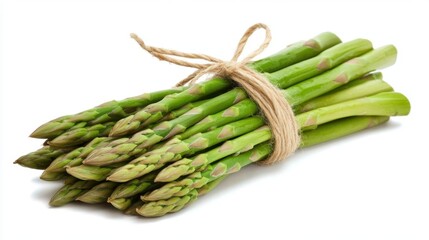 Fresh Green Asparagus Bunch Tied with String Isolated on White Background