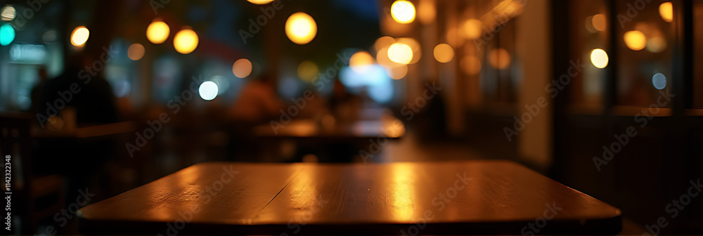 Poster A dimly lit cafe scene features an empty wooden table with a blurred bokeh effect against a darkened background at night._00003_