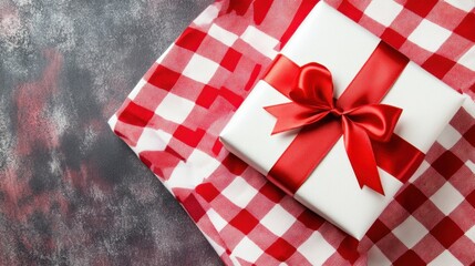 Obraz premium Wrapped Gift Box with Red Ribbon on Checkered Tablecloth Background